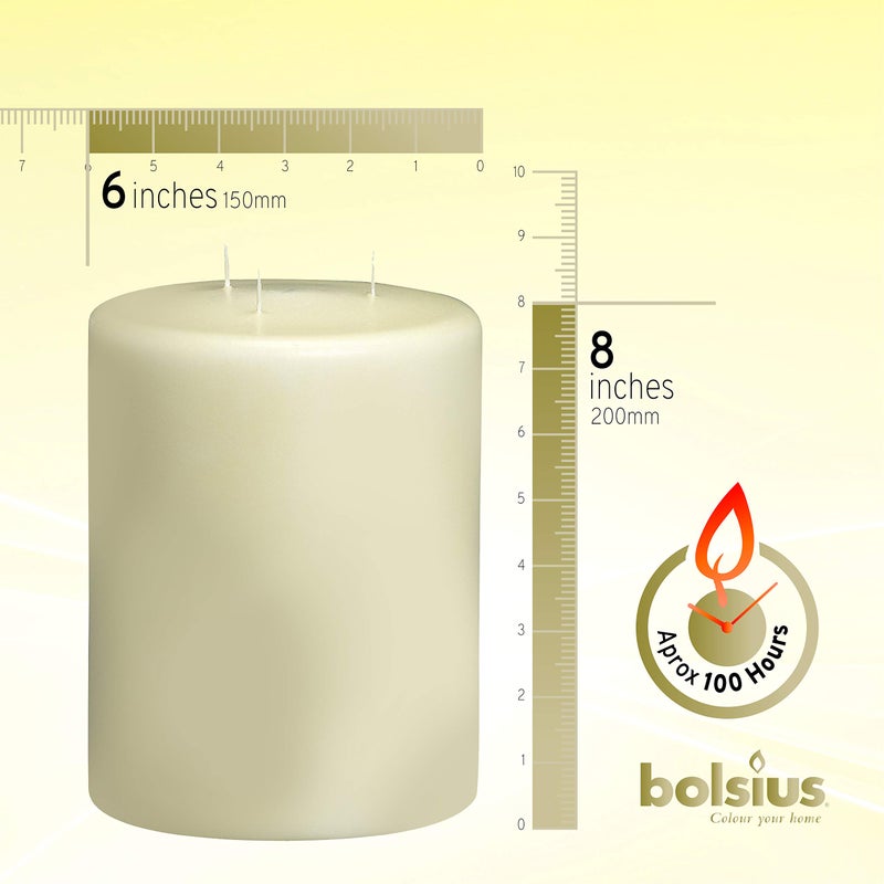 BOLSIUS 3 Wick Ivory Pillar Candle Large â€“ 6x8 Inches - Premium European Quality - 100 Hours Burning Time - Smooth And Smokeless Flame - Relight Unscented Wedding, Dinner, Party, and DÃ©cor Candle - Image 2